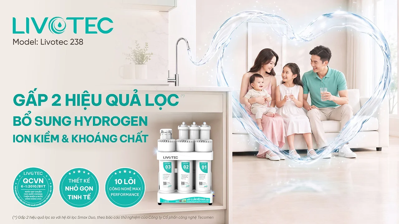 Máy lọc nước để gầm Livotec 238 gấp 2 hiệu quả lọc bổ sung Hydrogen ion kiềm