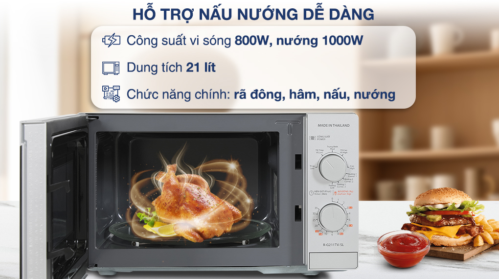 Lò vi sóng có nướng Sharp R-G211TV-SL 21 lít - Hỗ trợ nấu nướng Lò vi sóng có nướng Sharp R-G211TV-SL 21 lít - Hỗ trợ nấu nướng