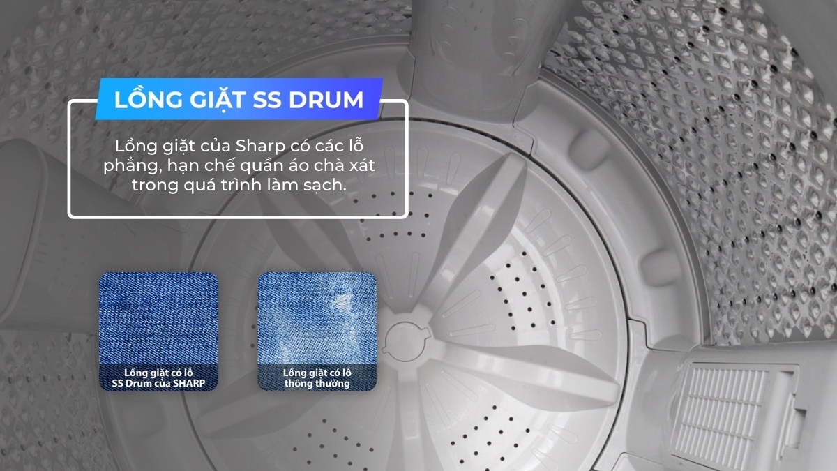 may-giat-sharp-10-kg-es-y100hv-s-17146-2 Lồng giặt SS Drum hạn chế làm sợi vải hư tổn