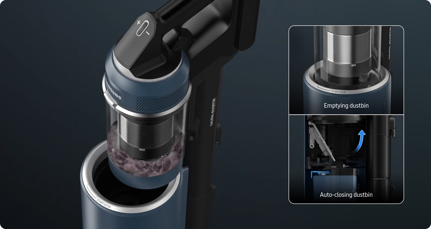 Step1. Click the button. A Bespoke Jet plus with a full dustbin is placed on the All-in-one Clean Station. With one touch, the dust drops into the Clean Station. Step 2. Emptying dustbin. Blue streaks illustrate the powerful suction. Step 3. Auto-closing dustbin. A certification appears indicating SLG Dust retaining capability to trap 99.999%** of fine dust.