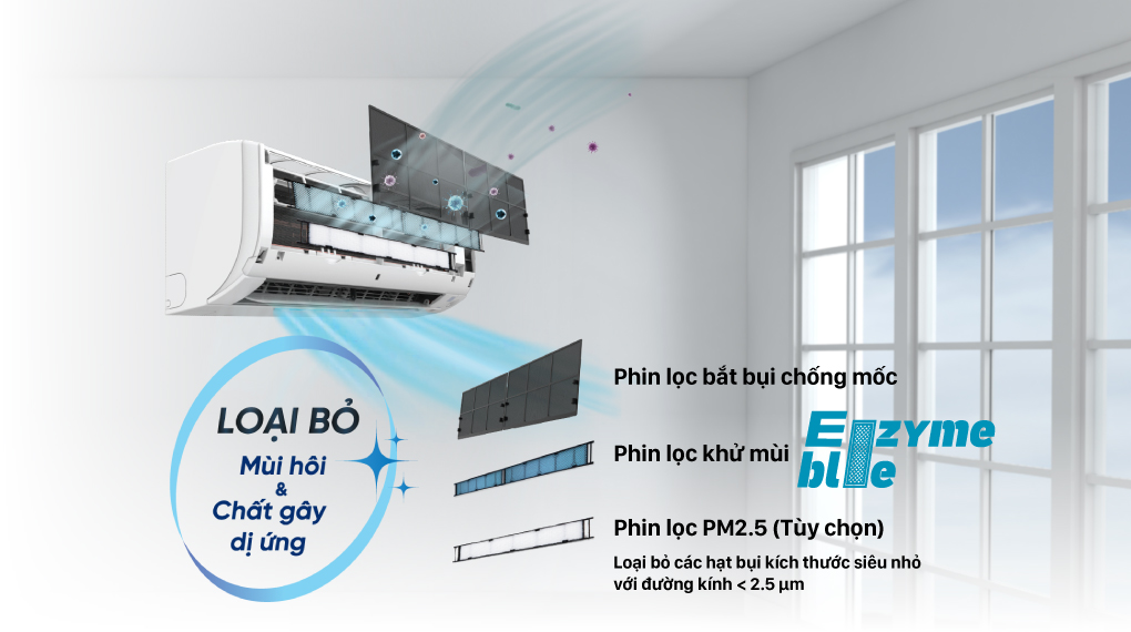 Máy lạnh Daikin Inverter 1 HP FTKZ25VVMV Máy lạnh Daikin Inverter 1 HP FTKZ25VVMV - Phin lọc Enzyme Blue khử mùi, giảm 99.9% một số loại vi khuẩn