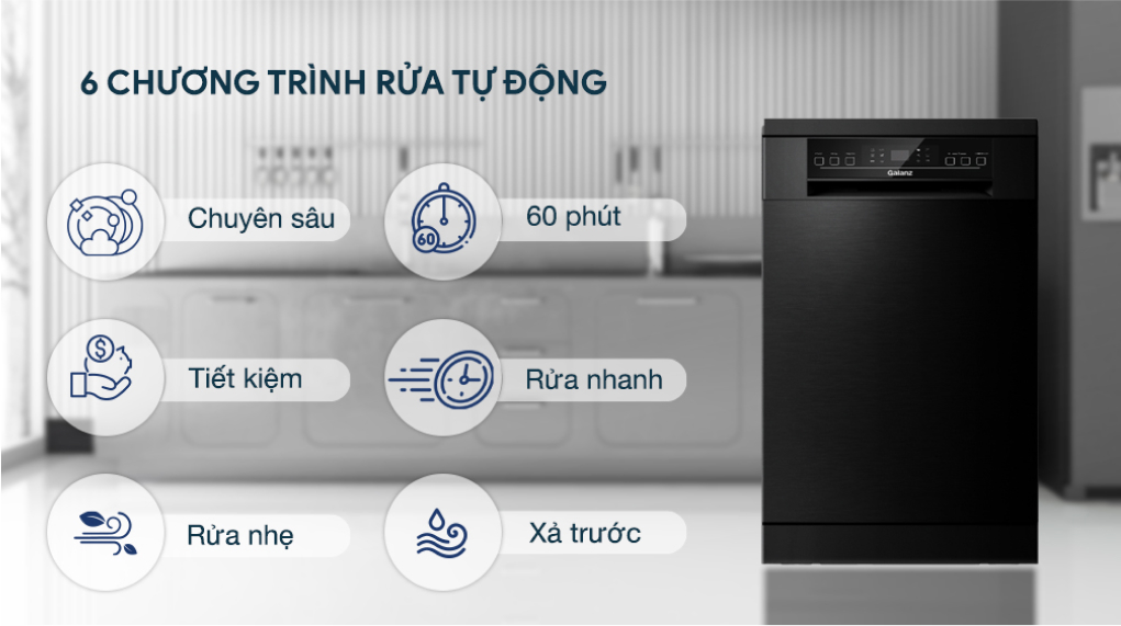 Máy rửa chén Galanz W45A3A401M-0E1(B) - Chương trình rửa Máy rửa chén Galanz W45A3A401M-0E1(B) - Chương trình rửa