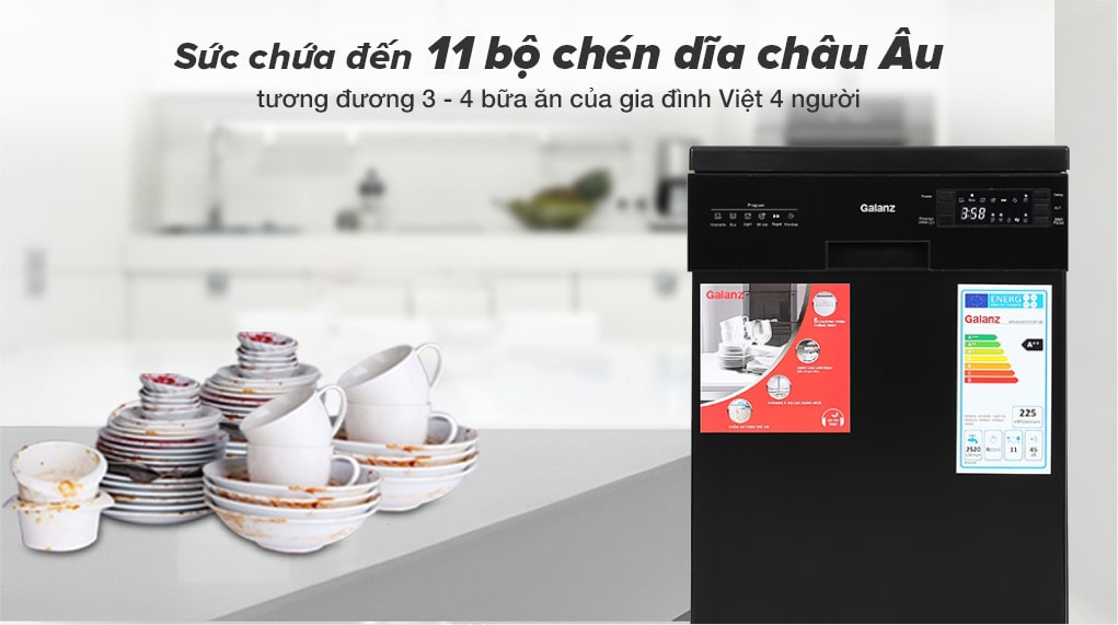 Sức chứa lên đến 11 bộ chén đĩa châu Âu - Máy rửa chén Galanz W45A3A401S-0E1(B) 1850W Sức chứa lên đến 11 bộ chén đĩa châu Âu - Máy rửa chén Galanz W45A3A401S-0E1(B) 1850W