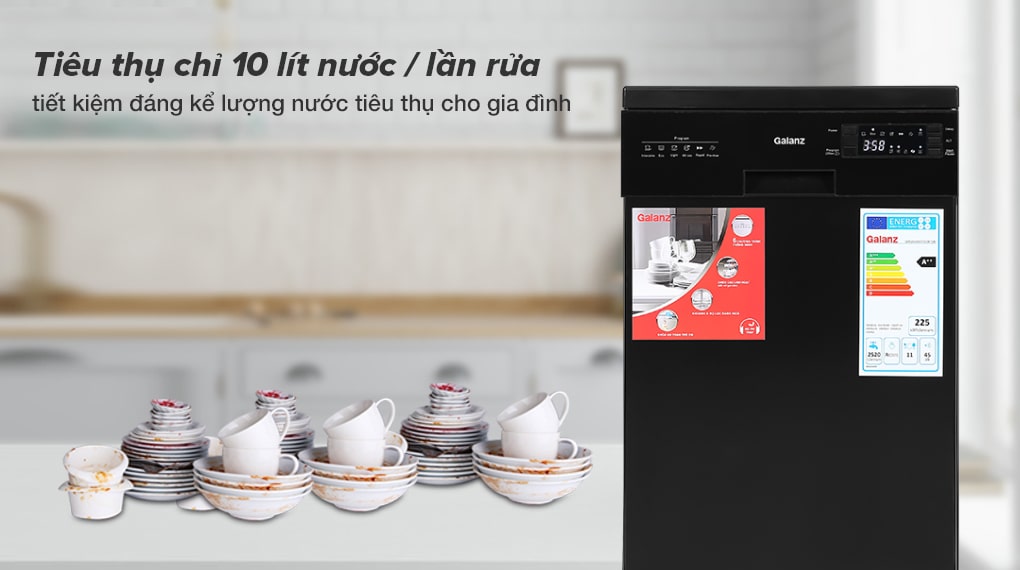 Tiêu thụ 10 lít nước trong mỗi lần rửa - Máy rửa chén Galanz W45A3A401S-0E1(B) 1850W Tiêu thụ 10 lít nước trong mỗi lần rửa - Máy rửa chén Galanz W45A3A401S-0E1(B) 1850W
