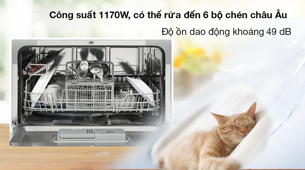Máy rửa chén mini Hafele HDW-T50A - Công suất 1170W, có thể rửa đến 6 bộ chén châu Âu và độ ồn phát ra khoảng 49 db