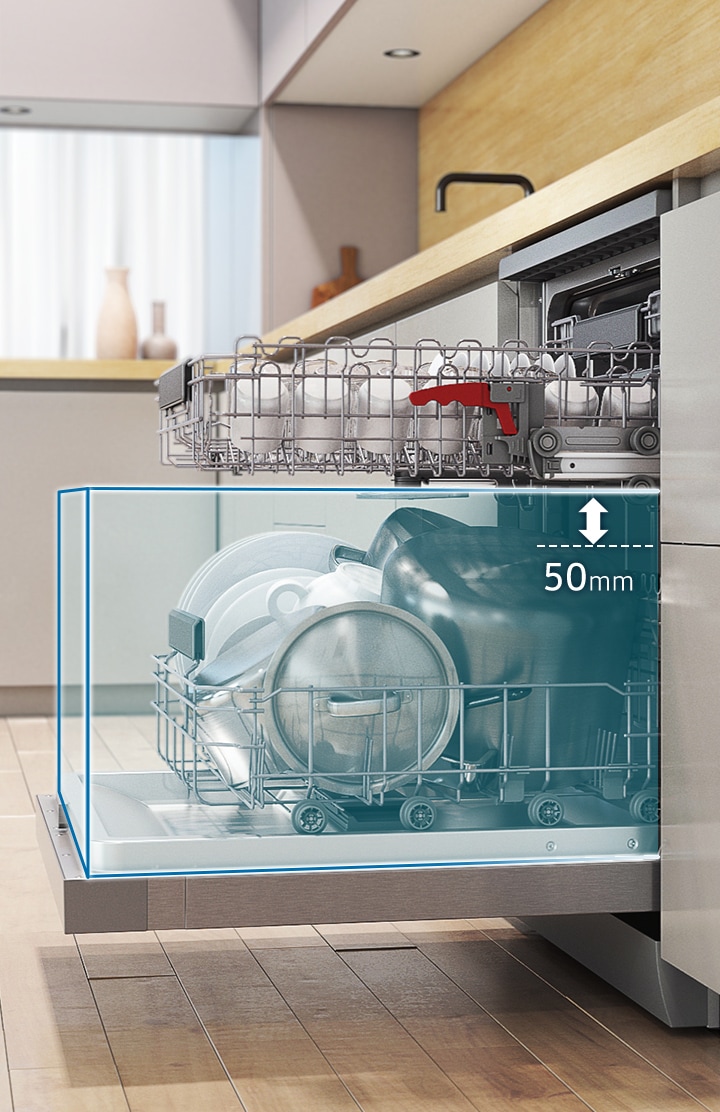 may-rua-chen-samsung-dw60cg550fsgsv-50658-4 Cho thấy giá đỡ phía trên có thể di chuyển lên hoặc xuống tới 50mm để tạo thêm không gian bên dưới.