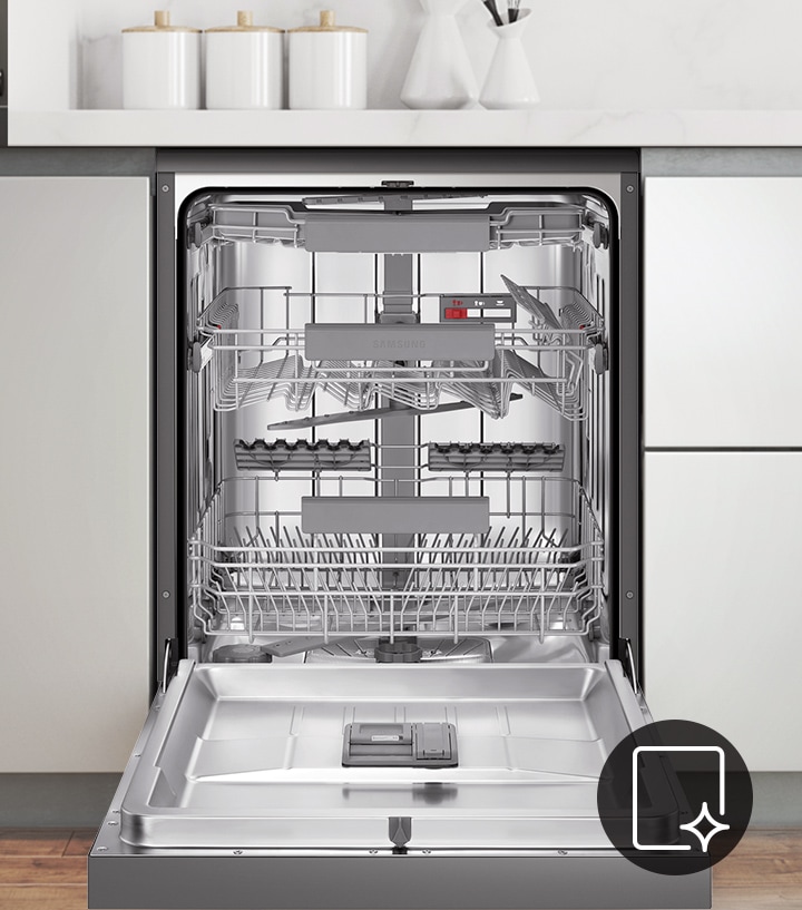 may-rua-chen-samsung-dw60cg550fsgsv-50658-5 Hiển thị bên trong sạch bóng lấp lánh của máy rửa chén sau khi sử dụng chức năng Tự làm sạch.