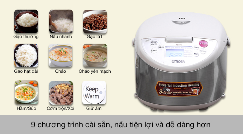Nồi cơm điện cao tần Tiger 1.8 lít JKW-A18W - 9 chương trình cài sẵn tiện lợi Nồi cơm điện cao tần Tiger 1.8 lít JKW-A18W - 9 chương trình cài sẵn tiện lợi