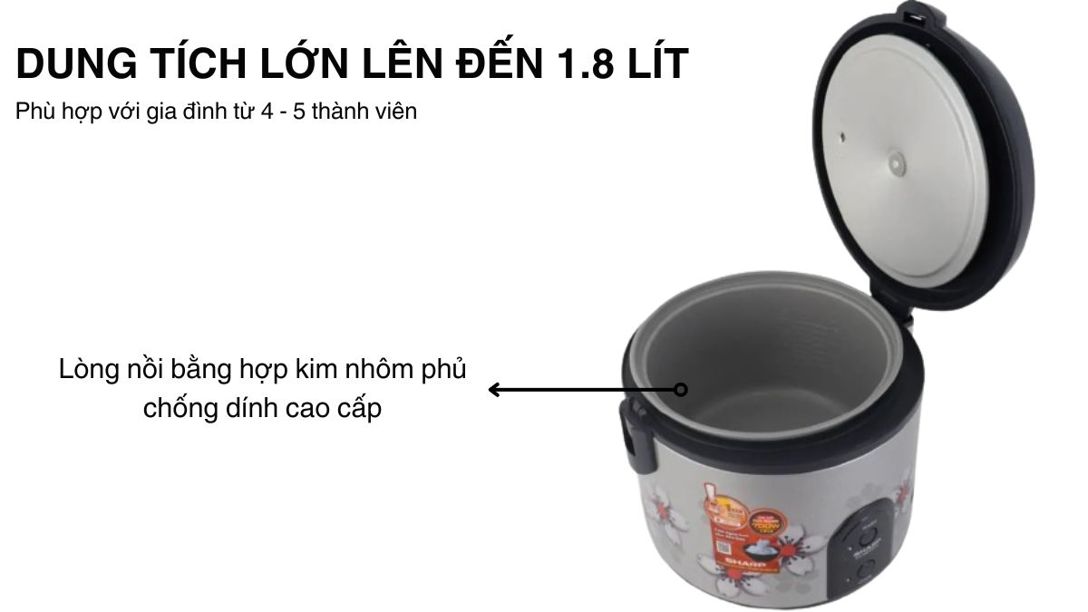Dung tích lớn 1.8 lít cùng lòng nồi bằng hợp kim nhôm phủ chống dính