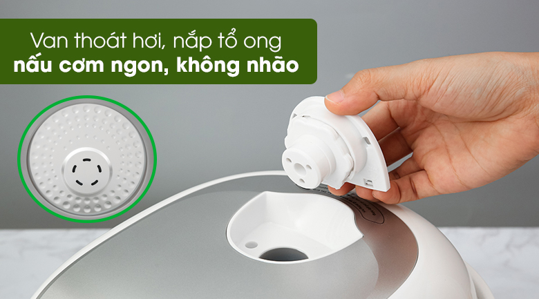 Nồi cơm điện tử Sharp KS-COM08V-SL 0.72 lít - Van thoát hơi, nắp tổ ong đảm bảo cơm chín ngon, bổ dưỡng, không bị nhão Nồi cơm điện tử Sharp KS-COM08V-SL 0.72 lít - Van thoát hơi, nắp tổ ong đảm bảo cơm chín ngon, bổ dưỡng, không bị nhão