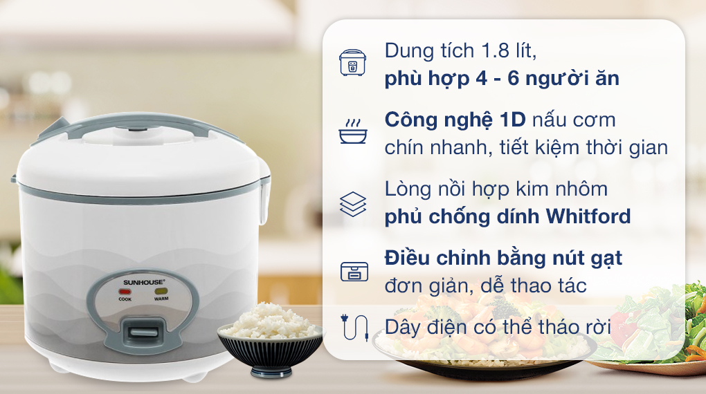 Nồi cơm nắp gài Sunhouse 1.8 lít SHD8602