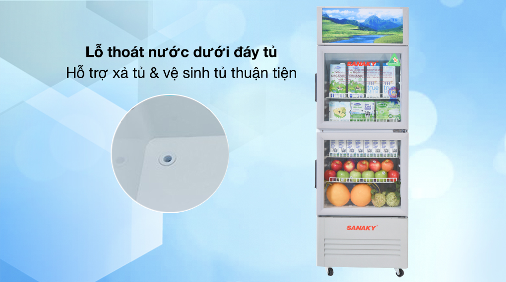 Tủ Mát Sanaky Inverter 340 lít VH-408W3L - Lỗ thoát nước giúp xả và vệ sinh tủ thuận tiện Tủ Mát Sanaky Inverter 340 lít VH-408W3L - Lỗ thoát nước giúp xả và vệ sinh tủ thuận tiện